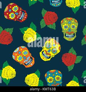 Day of the Dead seamless pattern, handdrawn sugar skulls and roses background, vector illustration. Stock Vector