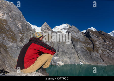 Hiking scene in Cordillera mountains, Peru Stock Photo