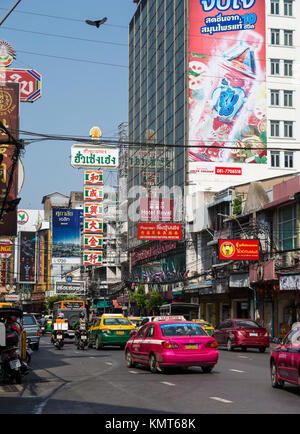 Bangkok, Thailand.  Chinatown Street Scene.  Traffic on Yaowarat Road. Stock Photo