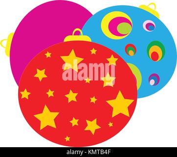 Christmas balls or baubles isolated on white background. Red yellow blue and pink with stars and stripes. Traditional Christmas ornament icons and sym Stock Vector