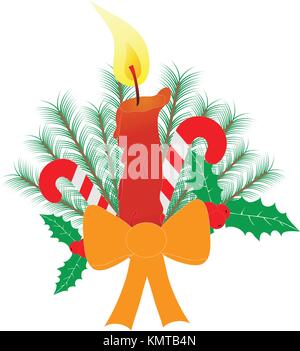 Christmas candles with a large ribbon bow candy canes holly berry pine tree branches isolated on white background. Red yellow and orange. Traditional  Stock Vector