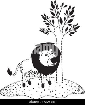 lion cartoon next to the tree in black dotted silhouette Stock Vector