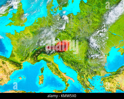 Austria highlighted in red on planet Earth. 3D illustration. Elements of this image furnished by NASA. Stock Photo