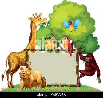 Wooden sign template with wild animals in the park illustration Stock ...
