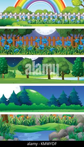 Five nature scenes with trees  illustration Stock Vector