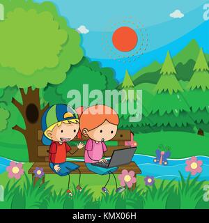 Two kids working on computer in the park illustration Stock Vector