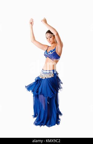 Arabic belly dancer harem woman in blue with silver dress and head ...