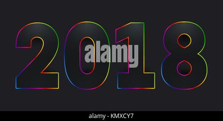 2018 Happy New Year. Black numbers with multicolor gradient stroke on black background. Stock Vector