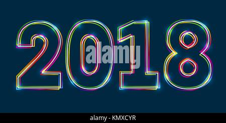 2018 Happy New Year. Multicolor outline numbers with glowing effect on blue background. Stock Vector