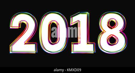 Vector creative happy new year 2018  design consisting of white numbers with multicolored outlines on black background. Stock Vector