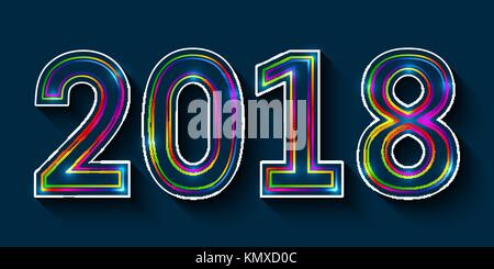 2018 Happy New Year. Multicolor outline numbers with glowing effect on blue background. Stock Vector