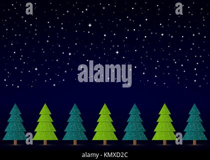 Vector Christmas Winter Background. Night sky, snow, stars with abstract conifers with snow in a row. Stock Vector
