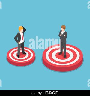 Flat 3d isometric businessman standing on bigger target than his friend. Vision and business target concept. Stock Vector