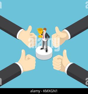 Flat 3d isometric businessman hands show thumb up finger gesture to business winner. Business success concept. Stock Vector
