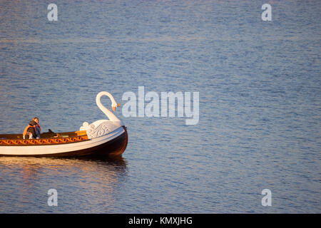 boat in a shape of a swan on a lake Stock Photo