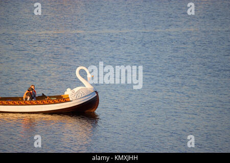 boat in a shape of a swan on a lake Stock Photo