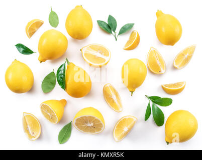 Ripe lemons and lemon leaves on white background. Top view. Stock Photo