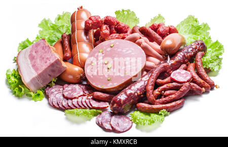 Variety of dry cured sausage products and meat. Stock Photo