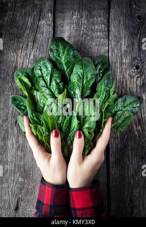 Woman in red holding fresh green spinach on rustic wooden background Stock Photo