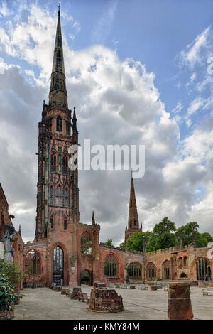Tower of Coventry Old Cathedral  Most of the Cathedral was destroyed during WW2 Stock Photo