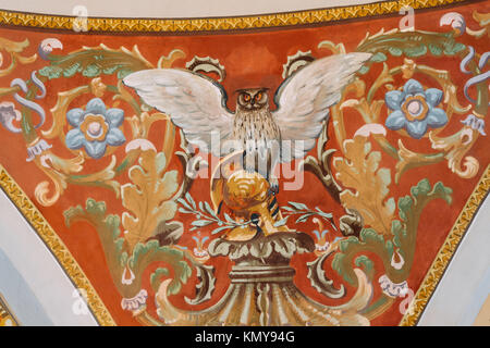 Helsinki, Finland. Art Painting Of Ceiling Of Dome Hall In The National Library Of Finland. Image Of Owl Bird. Stock Photo