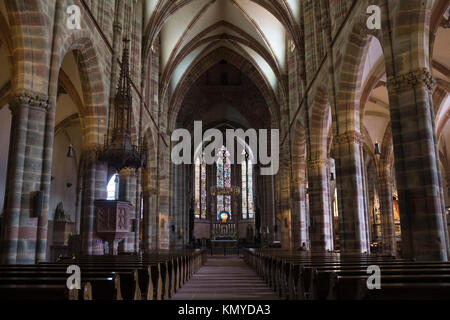 The interior of the gothic St. Peter and St. Paul's Church (French: Église Saints-Pierre-et-Paul) at Wissembourg, Alsace Stock Photo