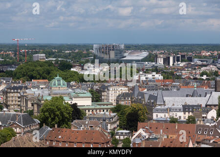 An aerial view across Strasbourg city centre to the European Parliament building, as seen from Strasbourg cathedral Stock Photo