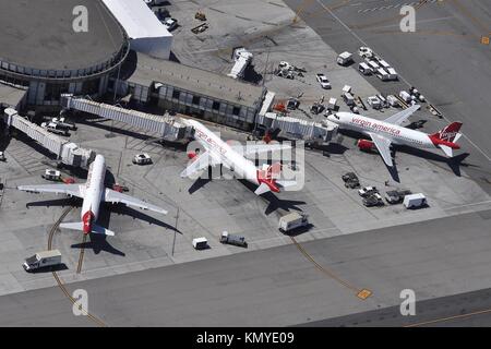 VIRGIN AMERICA AIRBUS A319 & A320 AIRCRAFT AT TERMINAL 3 of LOS ANGELES AIRPORT. Stock Photo