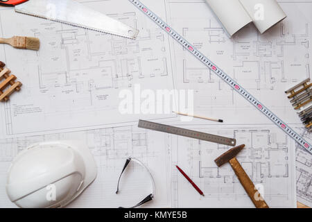 Architect or engineer workplace with drawings and tools, top view Stock Photo