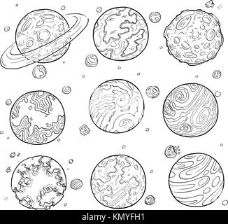 Set of cartoon vector doodle drawing illustration of alien planets and moons. Stock Vector