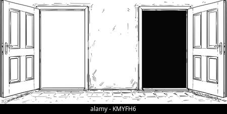 Cartoon vector doodle drawing of two open wooden decision door. Two choices or ways. Stock Vector