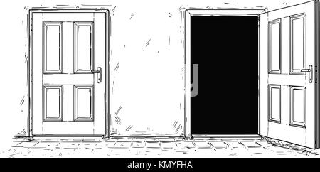 Cartoon vector doodle drawing of two open and close wooden decision door. Two choices or ways. Stock Vector
