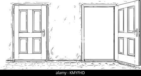 Cartoon vector doodle drawing of two open and close wooden decision door. Two choices or ways. Stock Vector