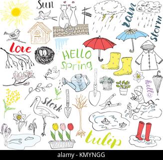 Spring season set doodles elements. Hand drawn sketch set with umbrella, rain, rubber boots, raincoat, flovers, garden tools, nest and birds. Drawing Stock Vector