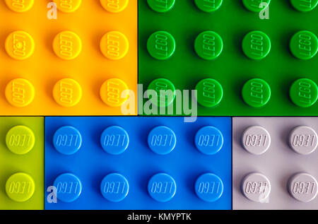 Tambov, Russian Federation - July 24, 2016 Backgrounds of different colors Lego baseplates. Studio shot. Stock Photo