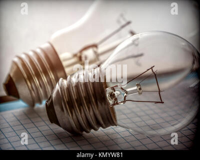 Two light bulbs old isolated on white background, concept saving energy Stock Photo