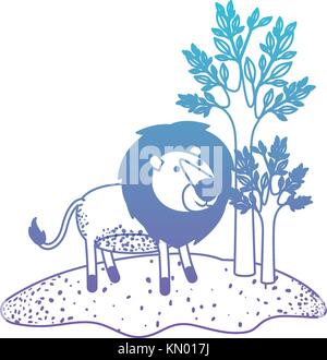 lion cartoon in forest next to the trees in degraded blue to purple color silhouette Stock Vector