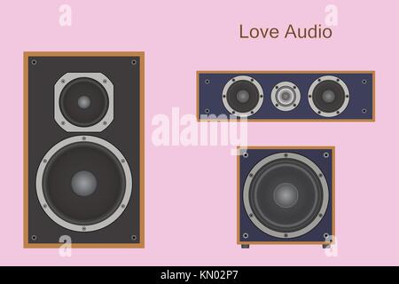 illustrations of audio equipment components. Bookshelf, subwoofer, center bar speaker Stock Vector