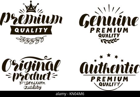 Premium, genuine, original, authentic logo or label. Description of goods, typography concept. Lettering vector illustration Stock Vector