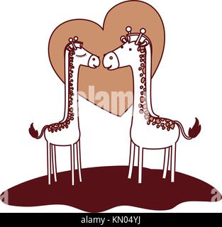 giraffes couple over grass in color sections silhouette with heart in background Stock Vector