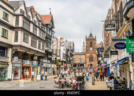 People relaxing in Coffee Shops along Frodsham Street in the historical town centre of Chester, Cheshire, North West England Stock Photo