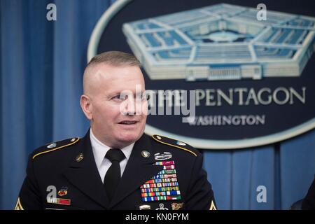 U.S. Joint Chiefs of Staff Chairman Senior Enlisted Advisor John Troxell speaks to the media at the Pentagon Press Briefing Room November 27, 2017 in Washington, DC.  (photo by Dominique A. Pineiro via Planetpix) Stock Photo