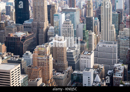 Aerial view of the urban skyscraper canyons of the New York City skyline in Midtown Manhattan