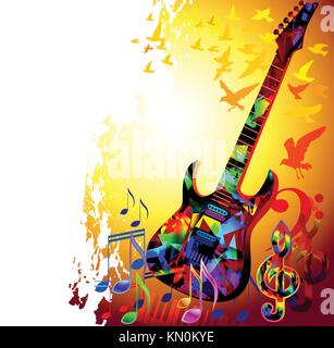 Colorful music background with electric guitar, music notes and flying birds. Vector illustration Stock Vector