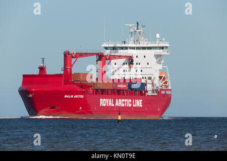The Royal Arctic Line vessel Malik Arctica arrives Limfjorden from Greenland Stock Photo