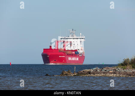 The Royal Arctic Line vessel Malik Arctica arrives Limfjorden from Greenland Stock Photo