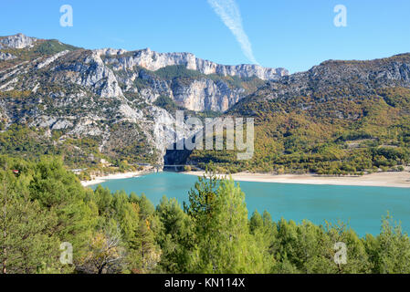 View of Lake Sainte-Croix, looking towards the Southern Entrance of the Verdon Gorge and lower Alps, Var/Alpes-de-Haute-Provence, Provence, France Stock Photo