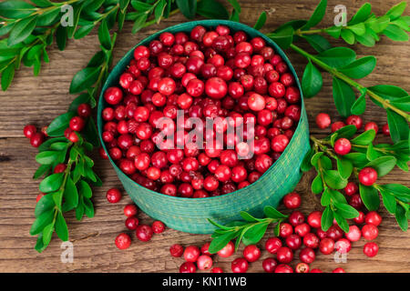 Cranberry or lingonberry in a green bowl. Top view Stock Photo
