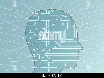Artificial Intelligence / AI concept. Vector illustration of face silhouette with computer processor as artificial brain Stock Vector