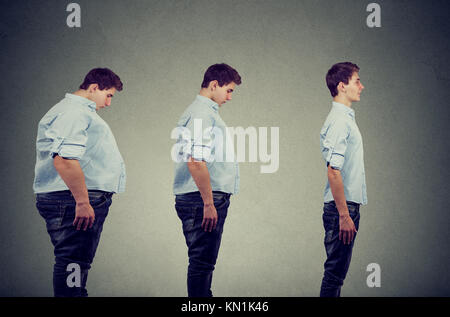 Side profile of a young chubby man transformation into a slim happy person Stock Photo